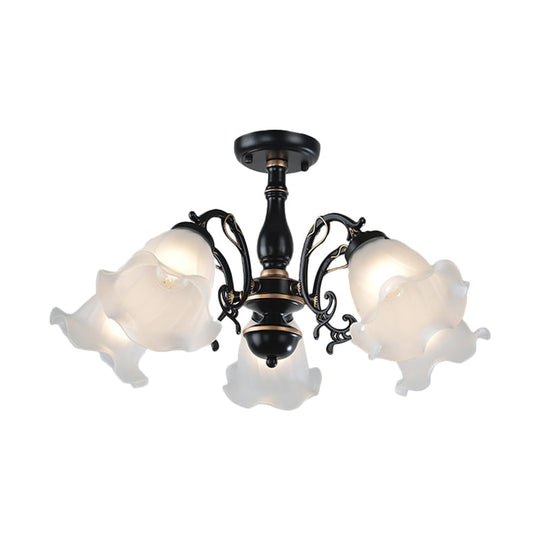 3/5-Light Floral Semi-Flush Ceiling Light - Countryside White/Black Finish with Cream Glass