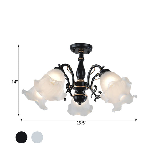 3/5-Light Floral Semi-Flush Ceiling Light - Countryside White/Black Finish with Cream Glass