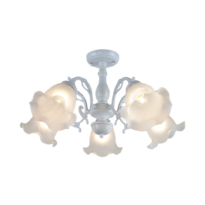 3/5-Light Floral Semi-Flush Ceiling Light - Countryside White/Black Finish with Cream Glass