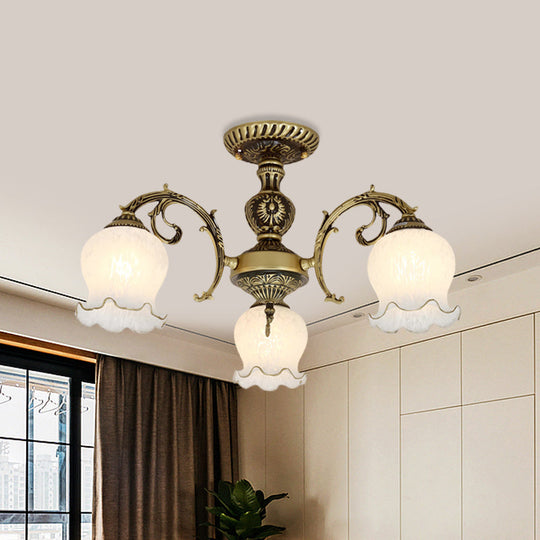 Frosted Glass Bronze Semi Flush Ceiling Lamp with Flower Design - 3/5/6-Bulb Antique Flush Lighting