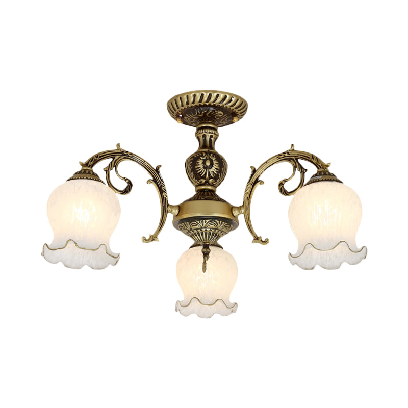 Frosted Glass Bronze Semi Flush Ceiling Lamp with Flower Design - 3/5/6-Bulb Antique Flush Lighting