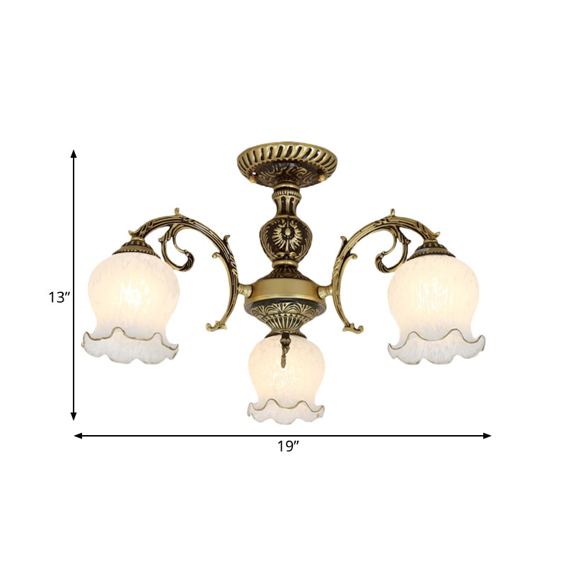 Frosted Glass Bronze Semi Flush Ceiling Lamp with Flower Design - 3/5/6-Bulb Antique Flush Lighting