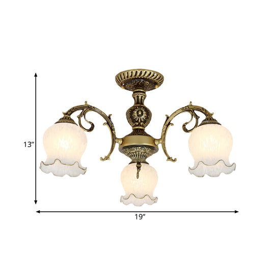 Frosted Glass Bronze Semi Flush Ceiling Lamp with Flower Design - 3/5/6-Bulb Antique Flush Lighting