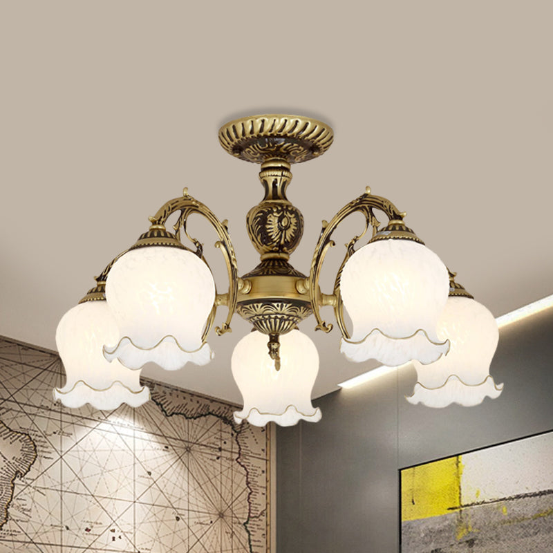 Frosted Glass Bronze Semi Flush Ceiling Lamp with Flower Design - 3/5/6-Bulb Antique Flush Lighting