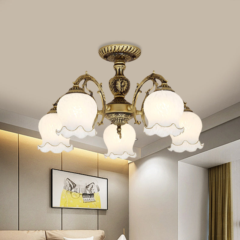 Frosted Glass Bronze Semi Flush Ceiling Lamp with Flower Design - 3/5/6-Bulb Antique Flush Lighting