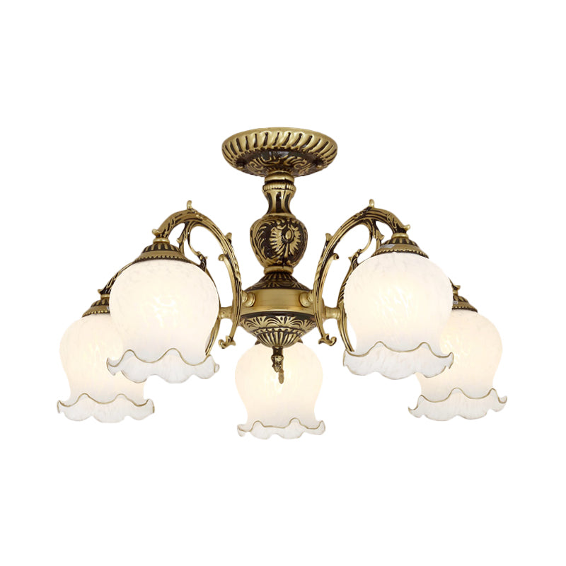 Frosted Glass Bronze Semi Flush Ceiling Lamp with Flower Design - 3/5/6-Bulb Antique Flush Lighting