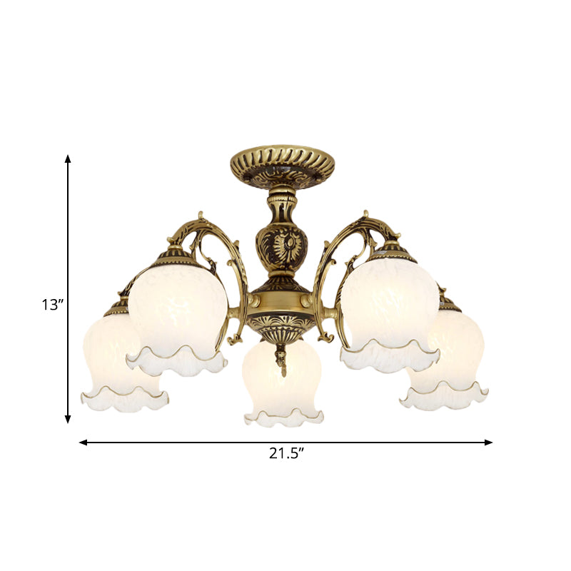 Frosted Glass Bronze Semi Flush Ceiling Lamp with Flower Design - 3/5/6-Bulb Antique Flush Lighting