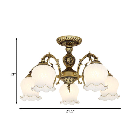 Frosted Glass Bronze Semi Flush Ceiling Lamp With Flower Design - 3/5/6-Bulb Antique Lighting