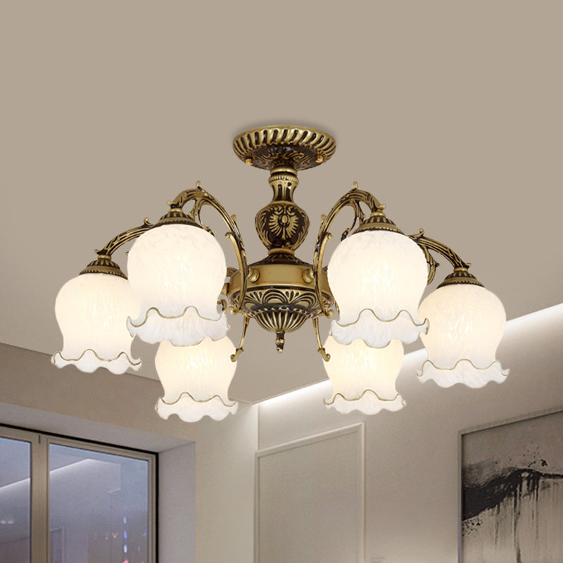 Frosted Glass Bronze Semi Flush Ceiling Lamp with Flower Design - 3/5/6-Bulb Antique Flush Lighting