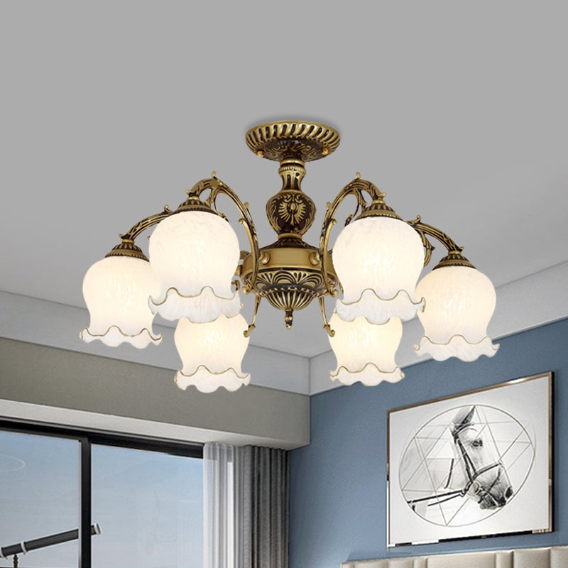 Frosted Glass Bronze Semi Flush Ceiling Lamp with Flower Design - 3/5/6-Bulb Antique Flush Lighting