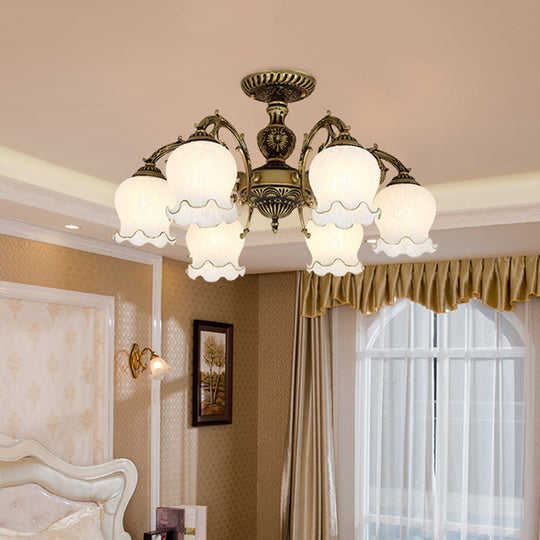 Frosted Glass Bronze Semi Flush Ceiling Lamp with Flower Design - 3/5/6-Bulb Antique Flush Lighting