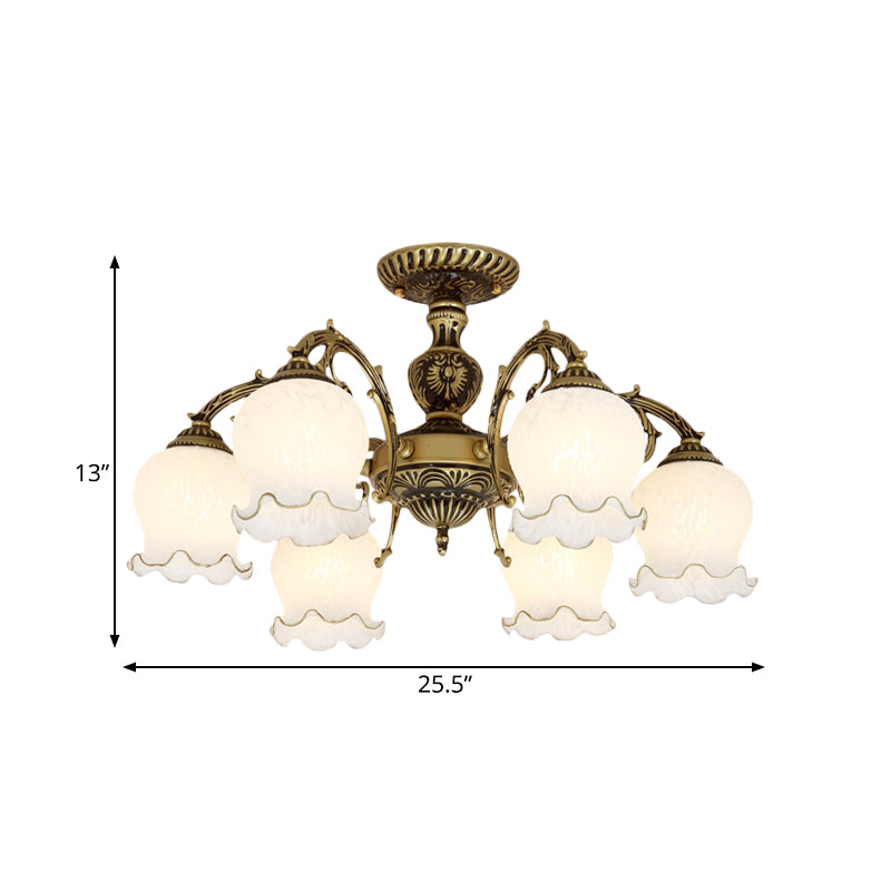 Frosted Glass Bronze Semi Flush Ceiling Lamp with Flower Design - 3/5/6-Bulb Antique Flush Lighting