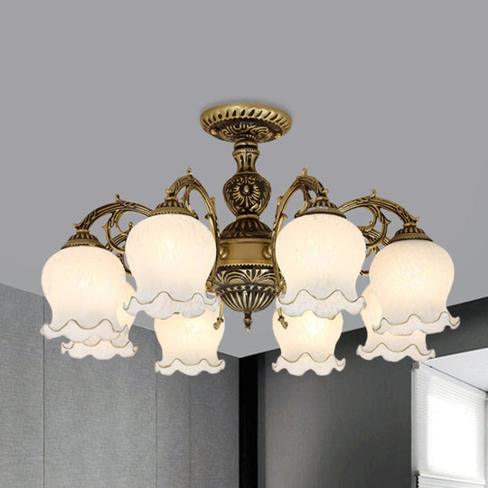 Frosted Glass Bronze Semi Flush Ceiling Lamp with Flower Design - 3/5/6-Bulb Antique Flush Lighting