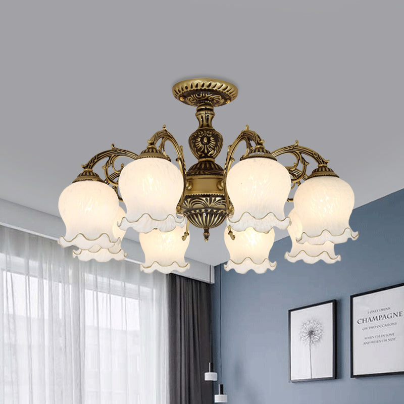 Frosted Glass Bronze Semi Flush Ceiling Lamp with Flower Design - 3/5/6-Bulb Antique Flush Lighting