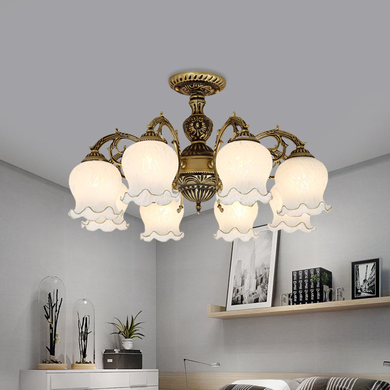 Frosted Glass Bronze Semi Flush Ceiling Lamp with Flower Design - 3/5/6-Bulb Antique Flush Lighting