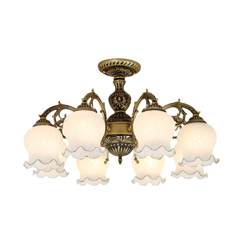 Frosted Glass Bronze Semi Flush Ceiling Lamp with Flower Design - 3/5/6-Bulb Antique Flush Lighting