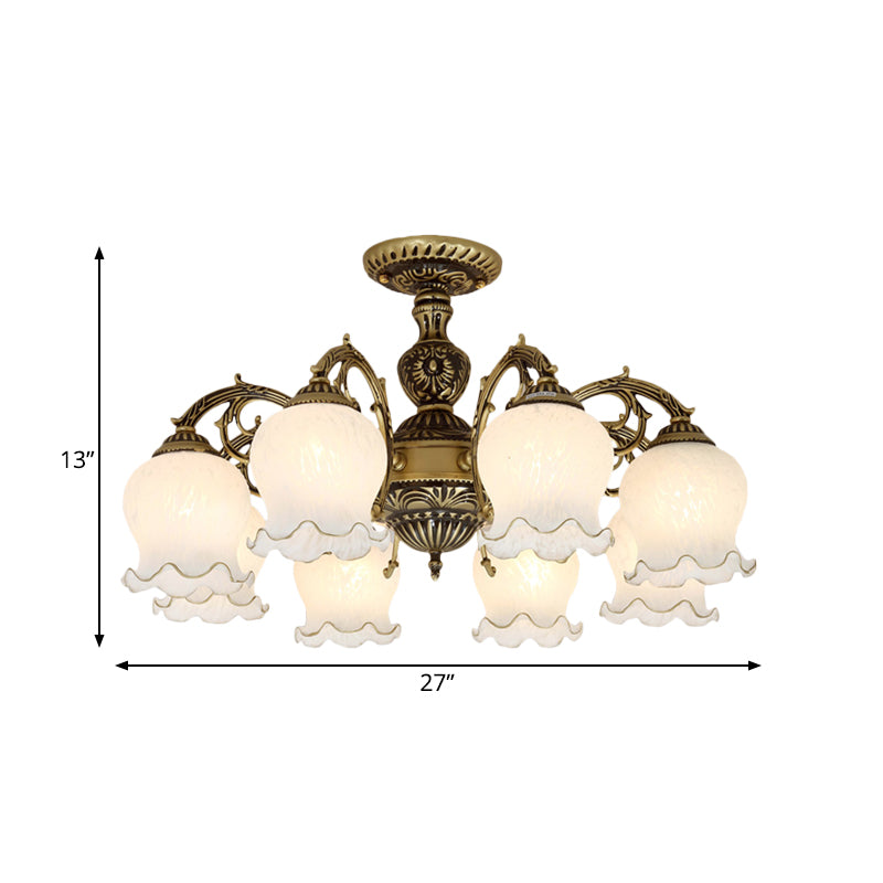 Frosted Glass Bronze Semi Flush Ceiling Lamp with Flower Design - 3/5/6-Bulb Antique Flush Lighting