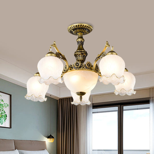 Floral-Shape Semi Mount Lighting with Bronze Finish, White Glass - 7/9/11-Light Ceiling Flush for Living Room