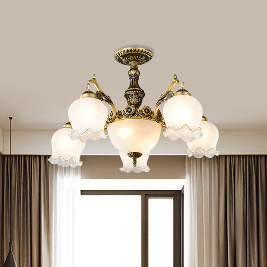 Floral-Shape Semi Mount Lighting with Bronze Finish, White Glass - 7/9/11-Light Ceiling Flush for Living Room