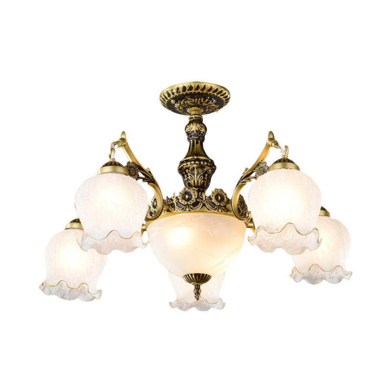 Floral-Shape Semi Mount Lighting with Bronze Finish, White Glass - 7/9/11-Light Ceiling Flush for Living Room