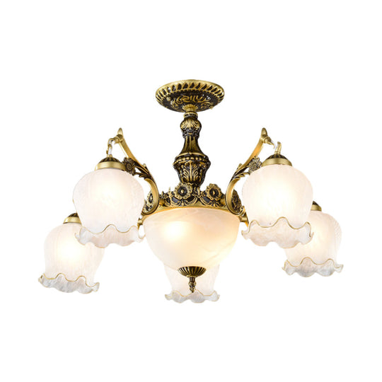 Floral-Shape Semi Mount Ceiling Light With Bronze Finish White Glass - Ideal For Living Rooms