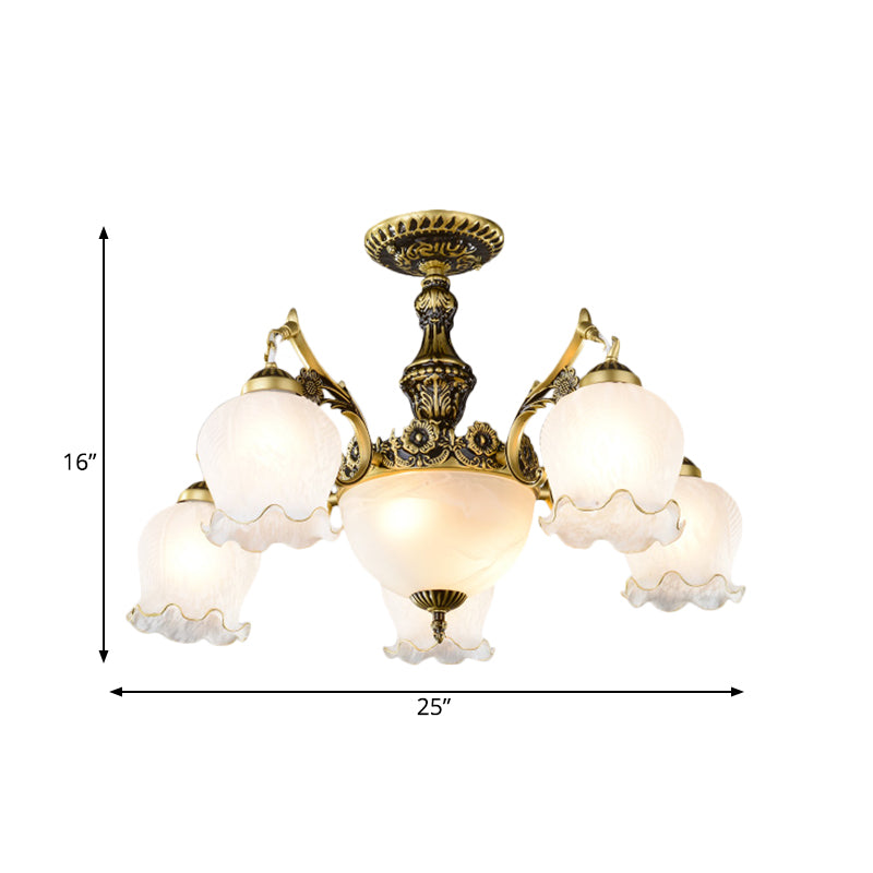 Floral-Shape Semi Mount Lighting with Bronze Finish, White Glass - 7/9/11-Light Ceiling Flush for Living Room