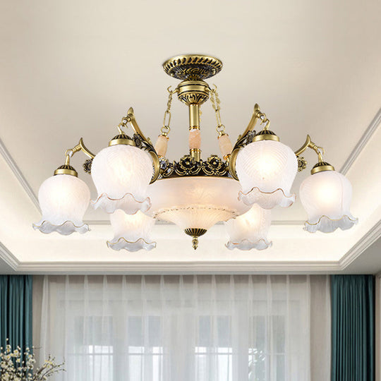 Floral-Shape Semi Mount Lighting with Bronze Finish, White Glass - 7/9/11-Light Ceiling Flush for Living Room