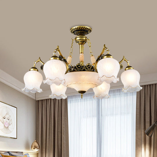 Floral-Shape Semi Mount Lighting with Bronze Finish, White Glass - 7/9/11-Light Ceiling Flush for Living Room