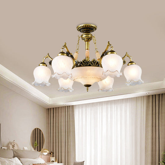 Floral-Shape Semi Mount Lighting with Bronze Finish, White Glass - 7/9/11-Light Ceiling Flush for Living Room