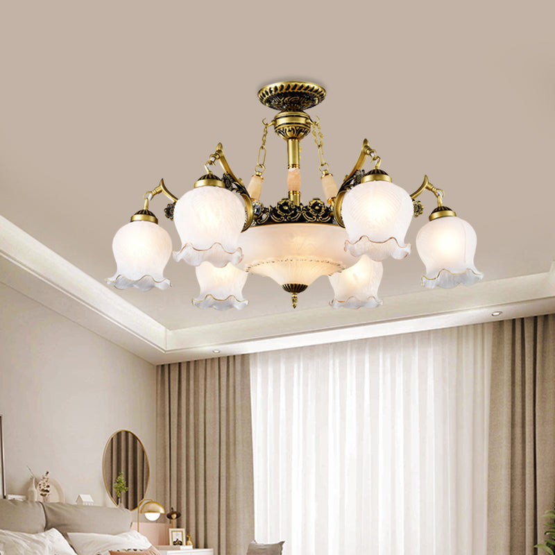 Floral-Shape Semi Mount Ceiling Light With Bronze Finish White Glass - Ideal For Living Rooms