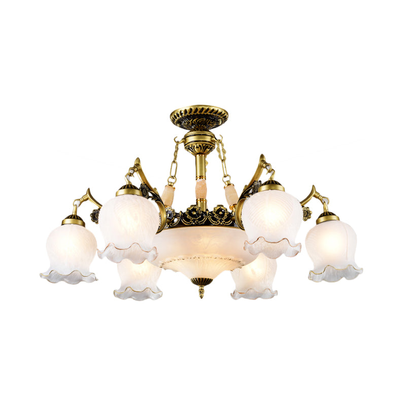 Floral-Shape Semi Mount Lighting with Bronze Finish, White Glass - 7/9/11-Light Ceiling Flush for Living Room