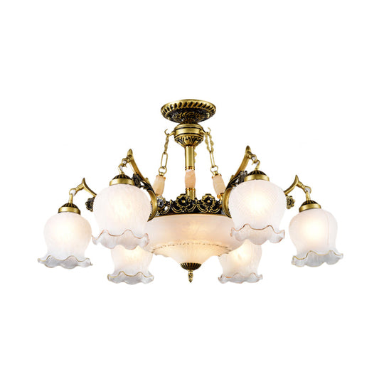 Floral-Shape Semi Mount Lighting with Bronze Finish, White Glass - 7/9/11-Light Ceiling Flush for Living Room