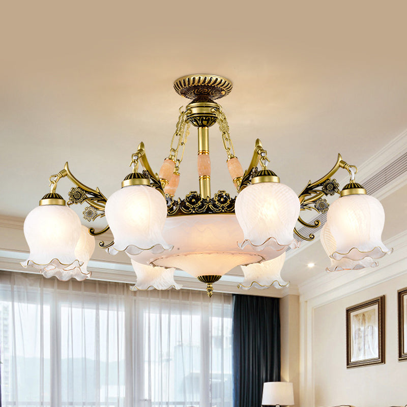 Floral-Shape Semi Mount Lighting with Bronze Finish, White Glass - 7/9/11-Light Ceiling Flush for Living Room