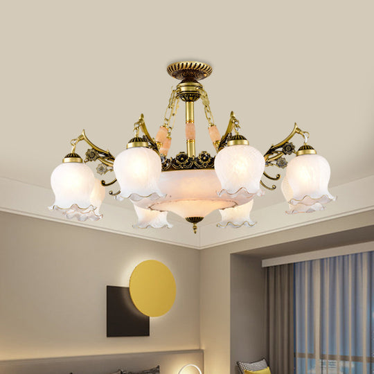 Floral-Shape Semi Mount Lighting with Bronze Finish, White Glass - 7/9/11-Light Ceiling Flush for Living Room