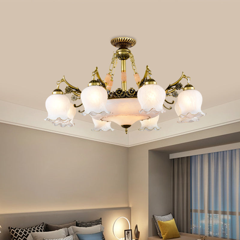 Floral-Shape Semi Mount Ceiling Light With Bronze Finish White Glass - Ideal For Living Rooms