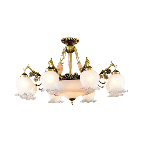 Floral-Shape Semi Mount Lighting with Bronze Finish, White Glass - 7/9/11-Light Ceiling Flush for Living Room