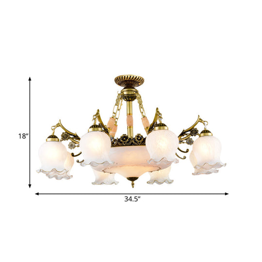 Floral-Shape Semi Mount Lighting with Bronze Finish, White Glass - 7/9/11-Light Ceiling Flush for Living Room