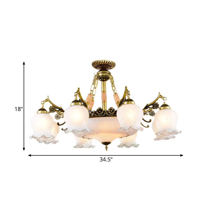 Floral-Shape Semi Mount Ceiling Light With Bronze Finish White Glass - Ideal For Living Rooms