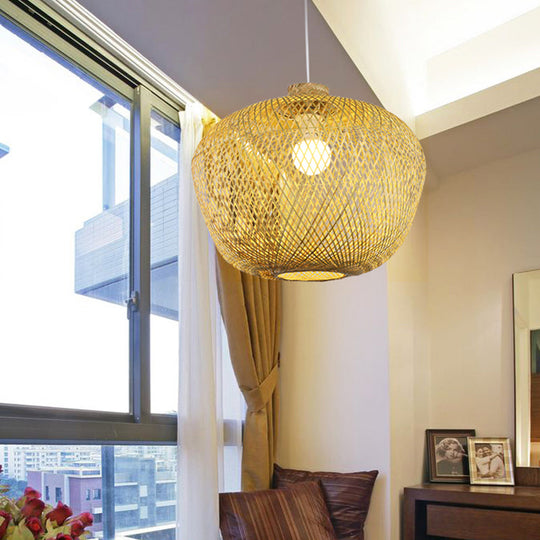 Bamboo Weaving Ceiling Lamp: Asian Crock Design 1 Light Pendant In Beige For Living Room