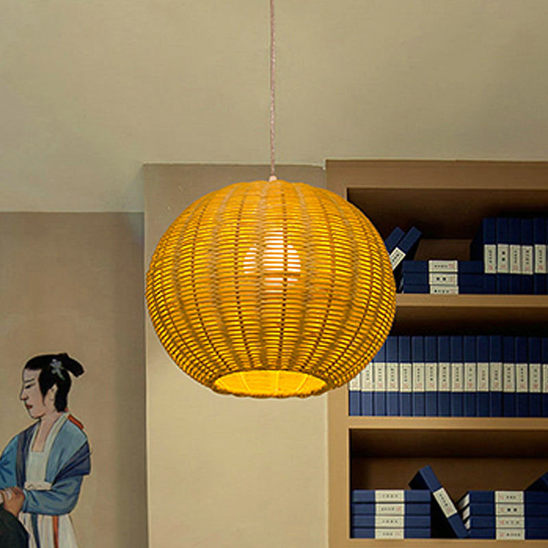 Chinese Beige Bamboo Pendant Light With Globe Shade - Restaurant Quality