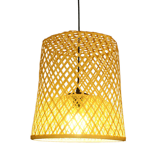 Asia Bamboo Barrel Pendant Lamp - Single Beige Shade For Table