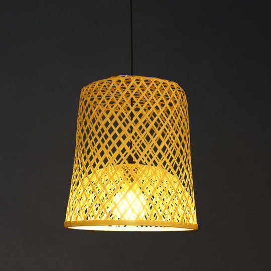 Asia Bamboo Barrel Pendant Lamp - Single Beige Shade For Table