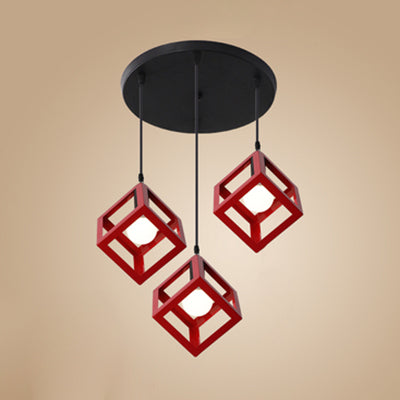 Industrial 3-Head Pendant Light with Squared Metallic Cage, Red/Yellow Canopy for Hallway