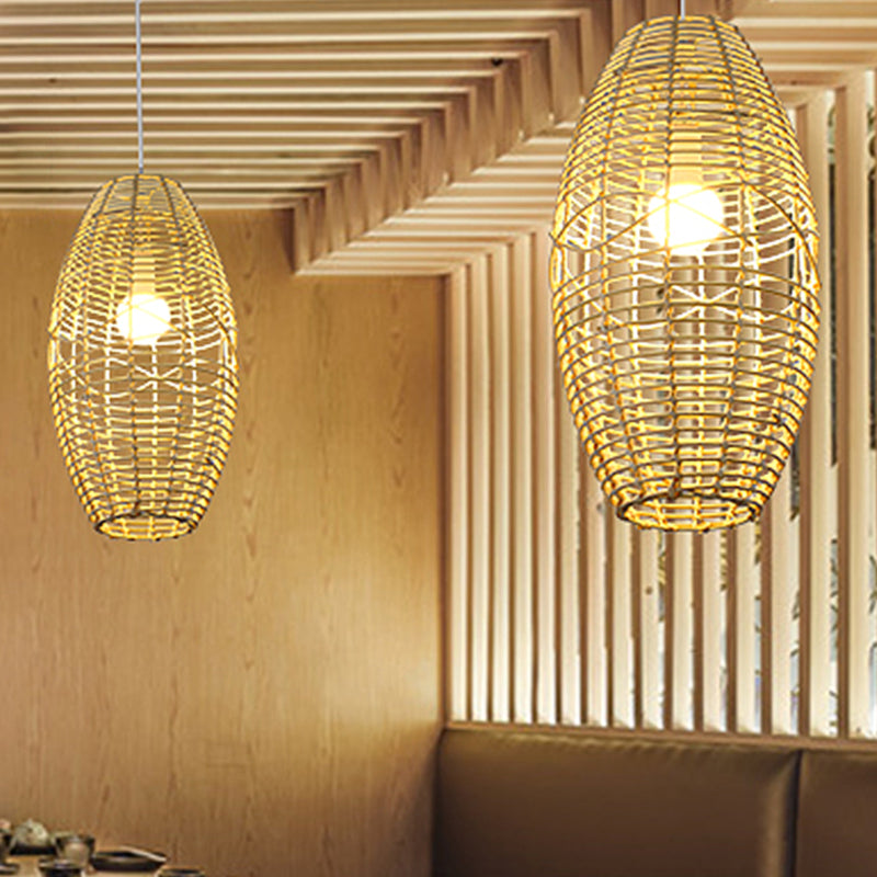 Bamboo Bistro Pendant Lamp With Hand Braided Ellipse Design - Single Bulb Chinese Hanging Light In