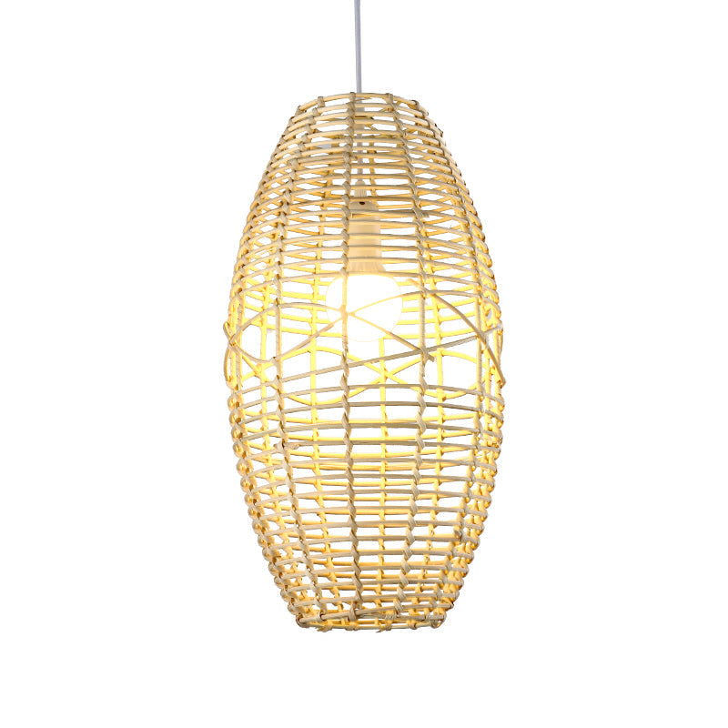 Bamboo Bistro Pendant Lamp With Hand Braided Ellipse Design - Single Bulb Chinese Hanging Light In