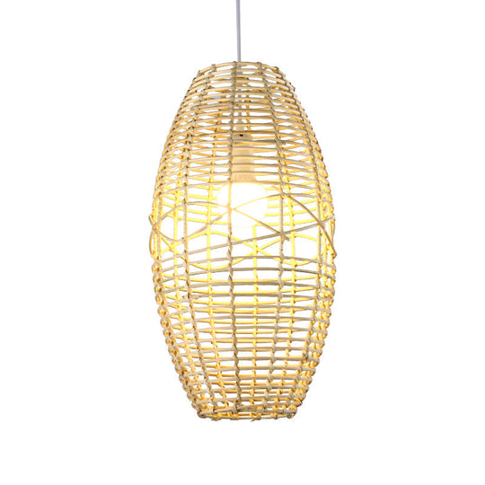 Bamboo Bistro Pendant Lamp With Hand Braided Ellipse Design - Single Bulb Chinese Hanging Light In