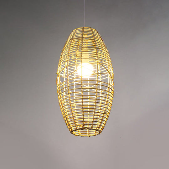 Bamboo Bistro Pendant Lamp With Hand Braided Ellipse Design - Single Bulb Chinese Hanging Light In