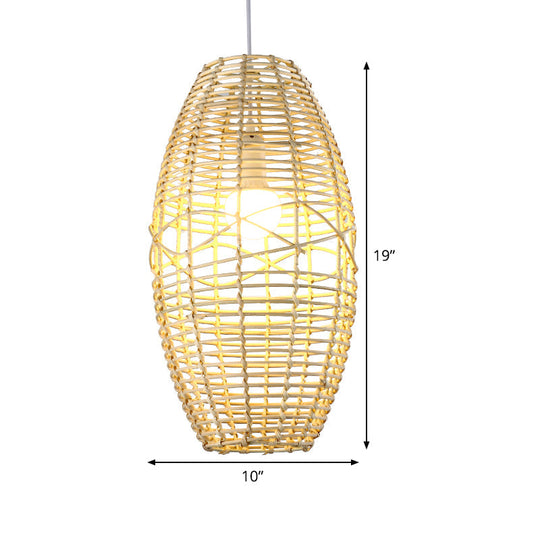 Bamboo Bistro Pendant Lamp With Hand Braided Ellipse Design - Single Bulb Chinese Hanging Light In