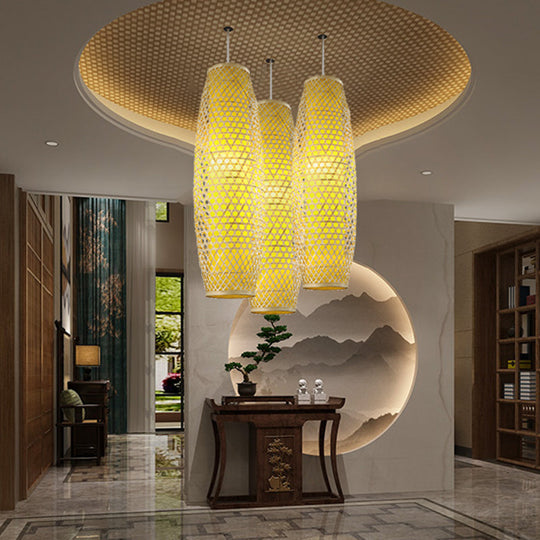 1-Head Bamboo Pendant Asian Ceiling Lamp - Hanging Suspension 2 Layers Beige