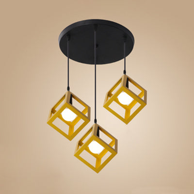 Industrial 3-Head Pendant Light with Squared Metallic Cage, Red/Yellow Canopy for Hallway